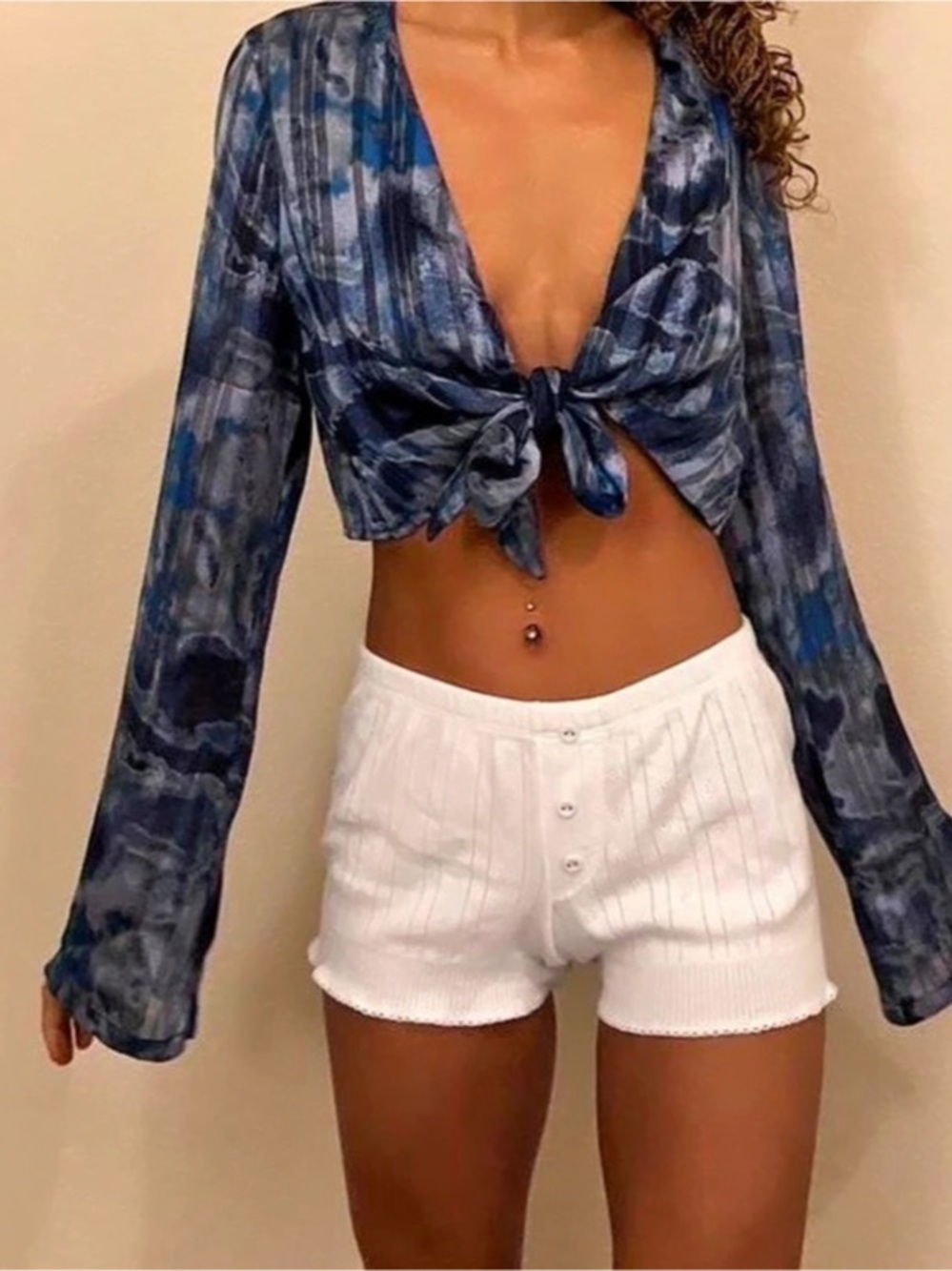 Urban Outfitters Blue Abstract Tie-Front Crop Top Size Medium Boho Festival